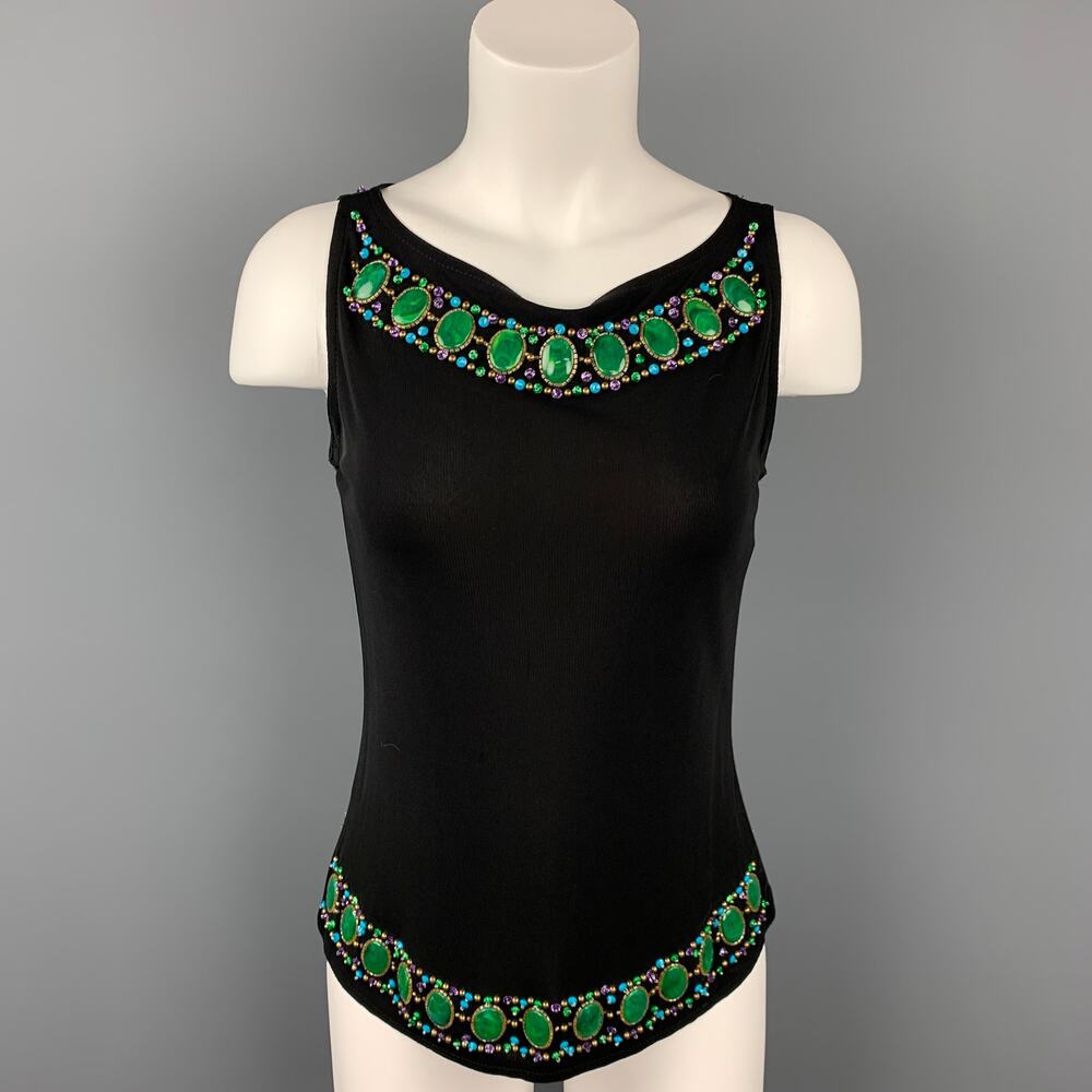 ANNA SUI Size 6 Black Beaded Rayon Tank Dress Top